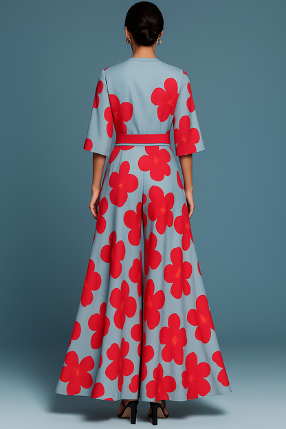 Women's floral wrap jumpsuit with V-neckline, three-quarter sleeves and wide legs