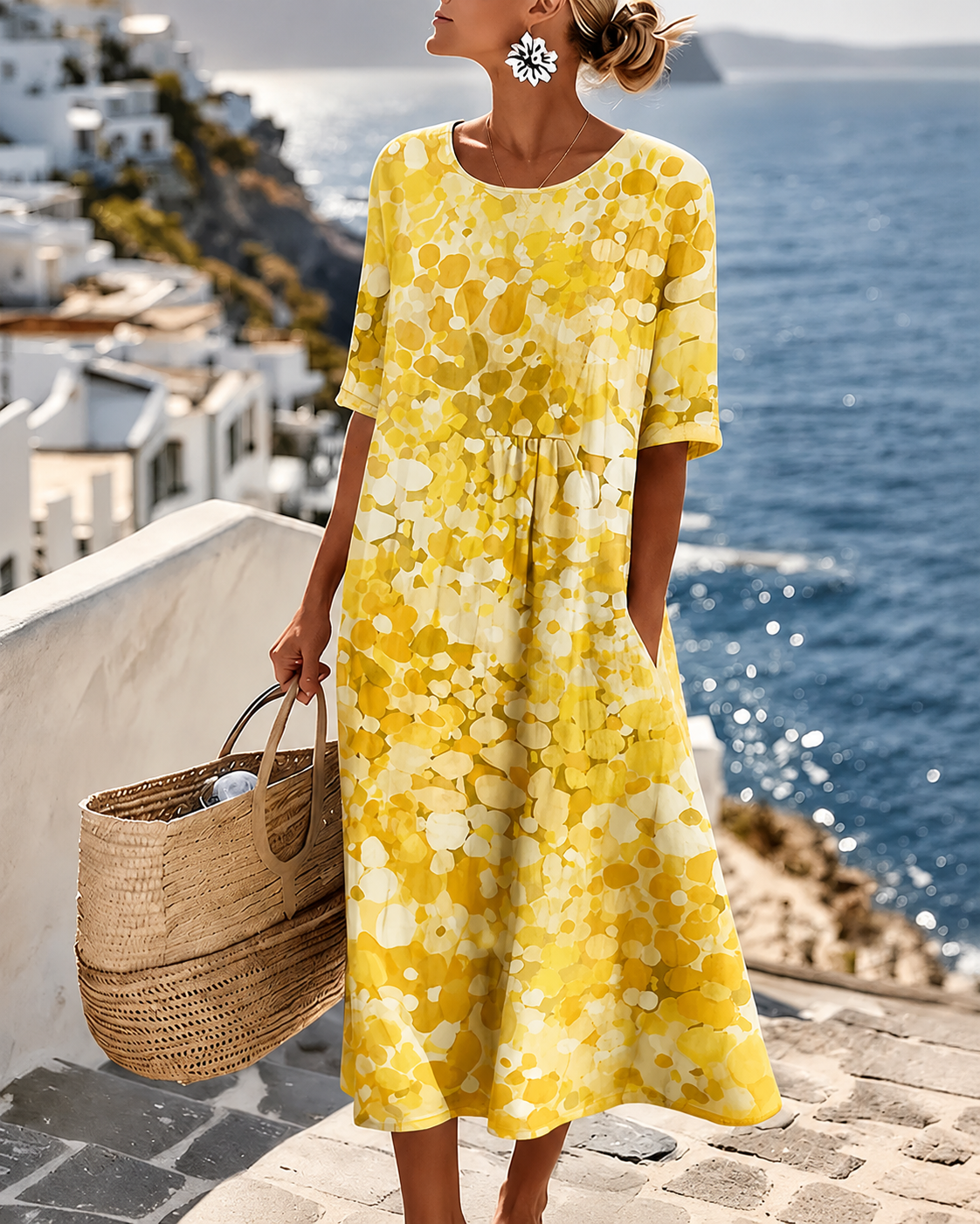 Women's floral midi dress with round neckline and short sleeves