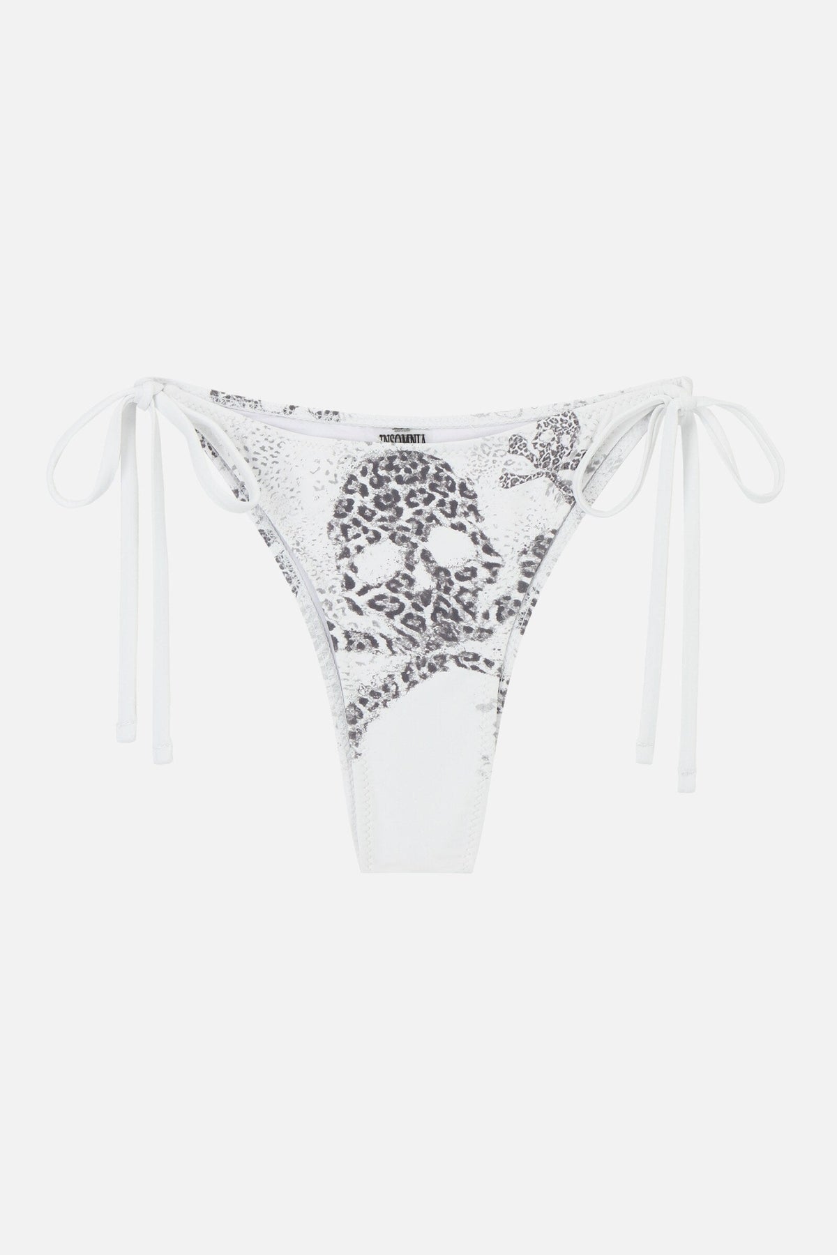 White women's bikini bottoms with black animal print skull graphics and tie sides
