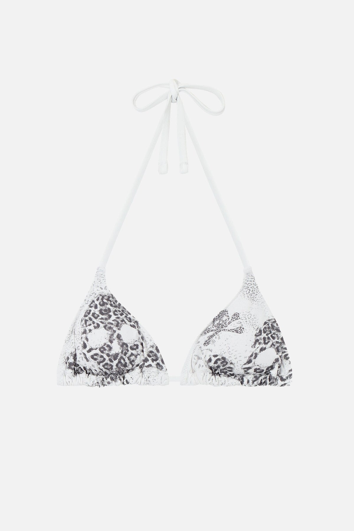 Women's white triangle bikini top with black animal print skull graphics and tie straps