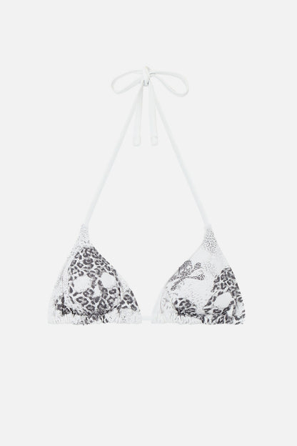 Women's white triangle bikini top with black animal print skull graphics and tie straps