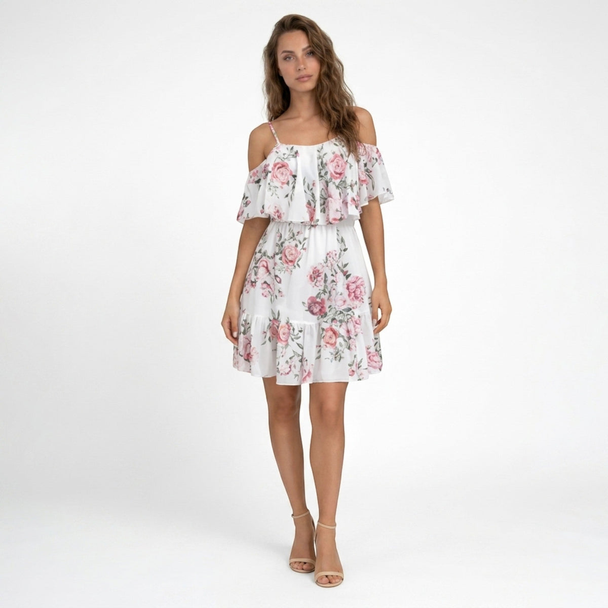 Women's floral off-shoulder ruffle mini dress with tiered hem