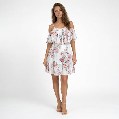 Women's floral off-shoulder ruffle mini dress with tiered hem
