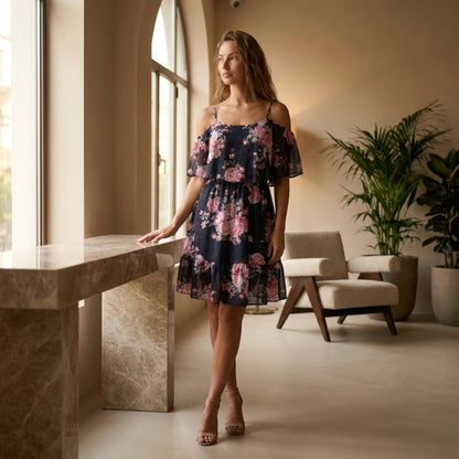 Women's floral off-shoulder ruffle mini dress with tiered hem