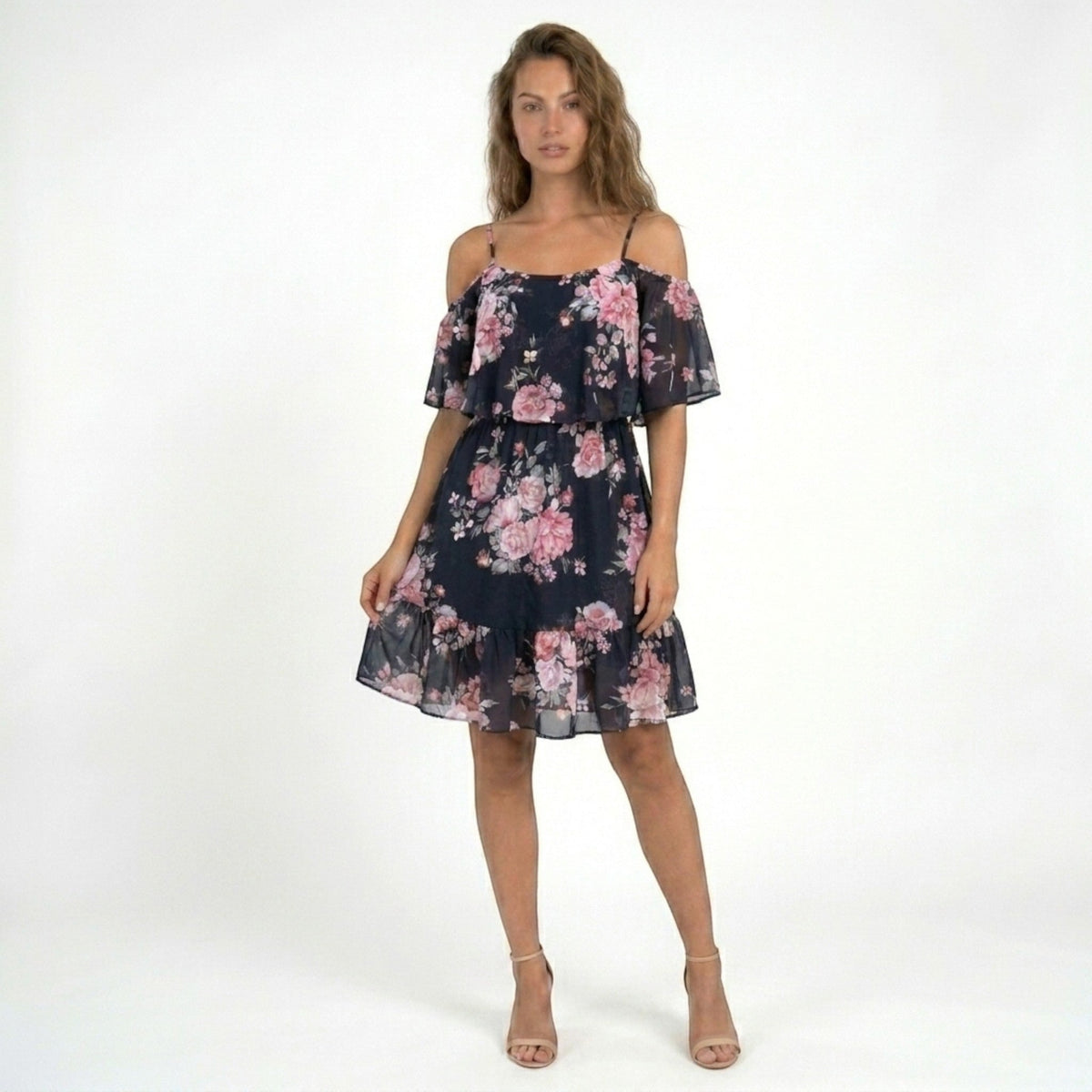 Women's floral off-shoulder ruffle mini dress with tiered hem