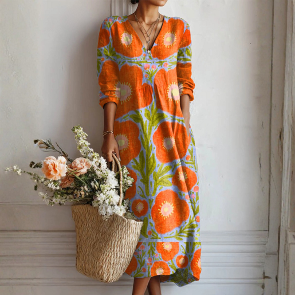 Women's multicolour floral V-neck midi dress with 3/4 sleeves