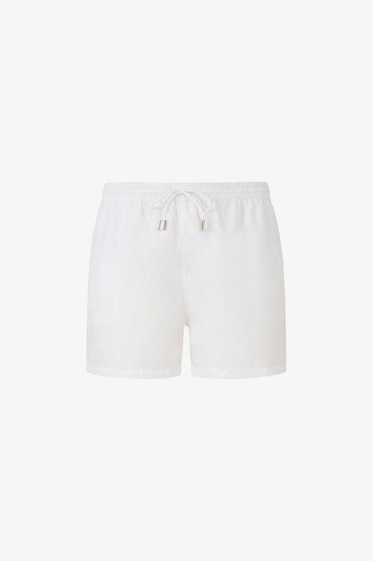 White men's swim shorts with elasticated drawstring waist