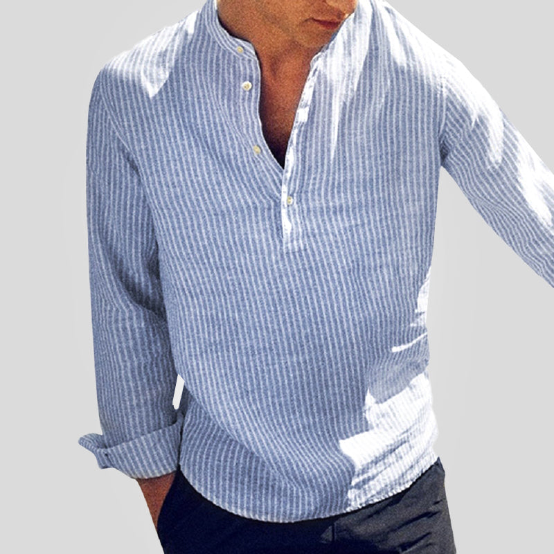 Men's long-sleeve striped Henley shirt with Mandarin collar and button placket