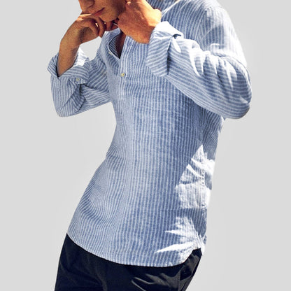Men's long-sleeve striped Henley shirt with Mandarin collar and button placket