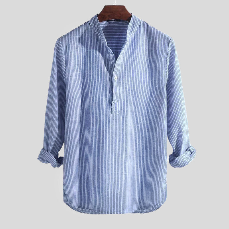 Men's long-sleeve striped Henley shirt with Mandarin collar and button placket