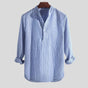 Men's long-sleeve striped Henley shirt with Mandarin collar and button placket