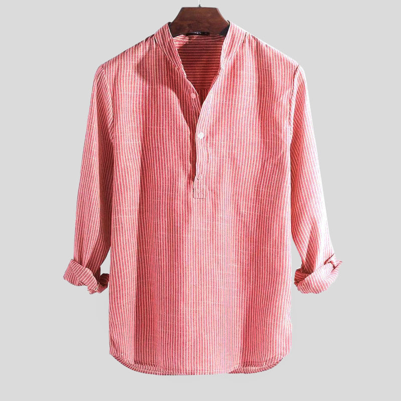 Men's long-sleeve striped Henley shirt with Mandarin collar and button placket