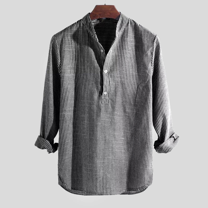 Men's long-sleeve striped Henley shirt with Mandarin collar and button placket