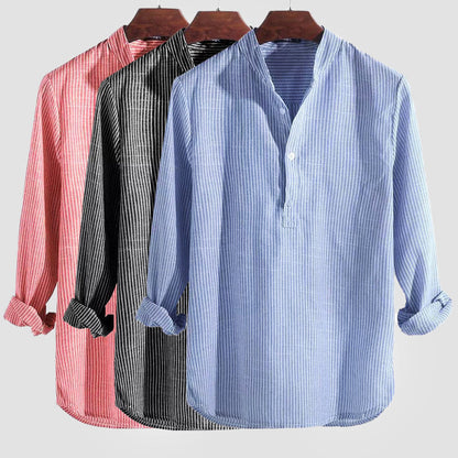 Men's long-sleeve striped Henley shirt with Mandarin collar and button placket