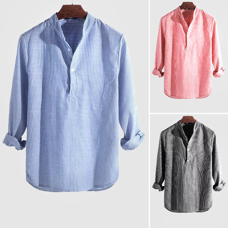 Men's long-sleeve striped Henley shirt with Mandarin collar and button placket
