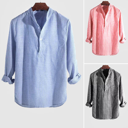 Men's long-sleeve striped Henley shirt with Mandarin collar and button placket