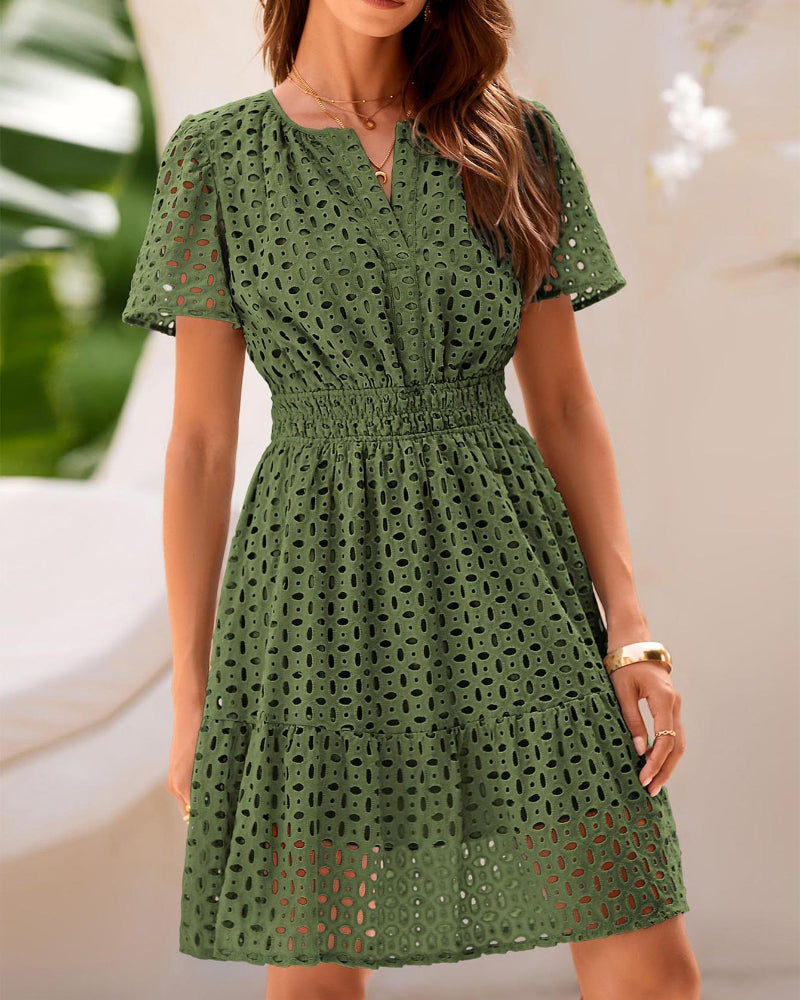Women's short-sleeve eyelet A-line dress with split neckline, front buttons and gathered waist