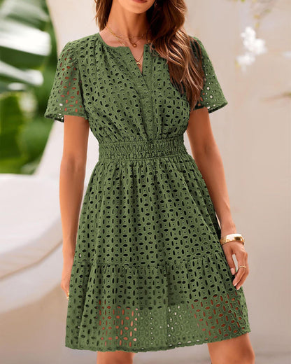 Women's short-sleeve eyelet A-line dress with split neckline, front buttons and gathered waist