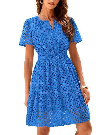 Women's short-sleeve eyelet A-line dress with split neckline, front buttons and gathered waist