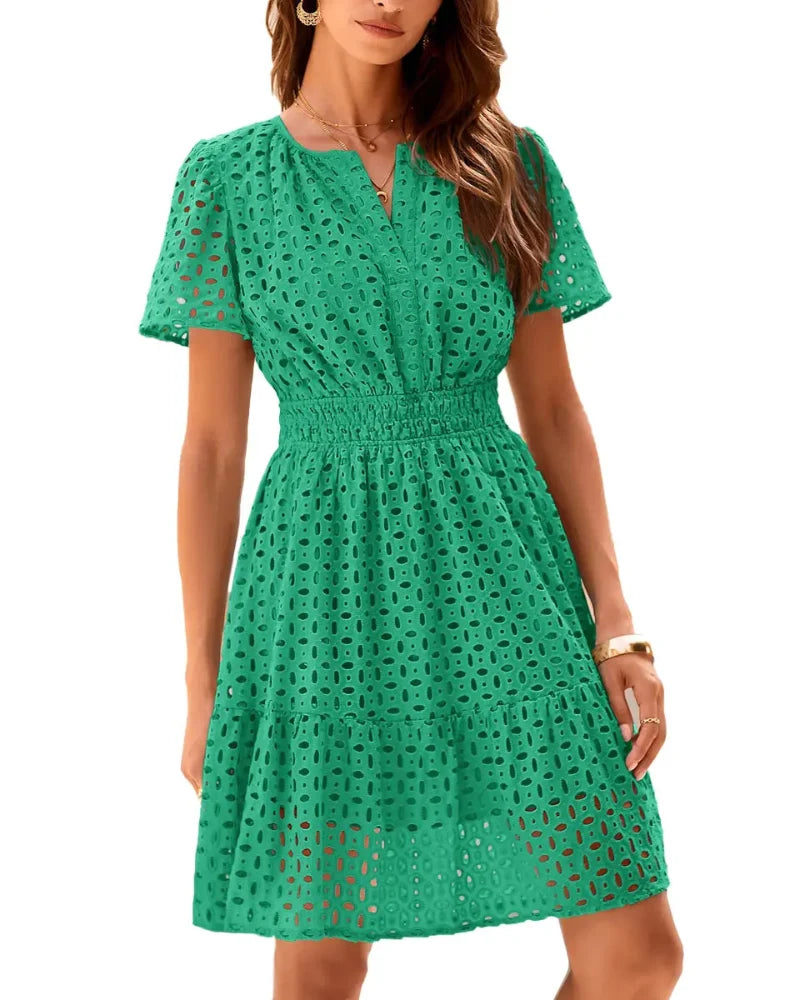 Women's short-sleeve eyelet A-line dress with split neckline, front buttons and gathered waist