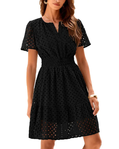 Women's short-sleeve eyelet A-line dress with split neckline, front buttons and gathered waist