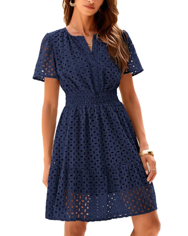 Women's short-sleeve eyelet A-line dress with split neckline, front buttons and gathered waist