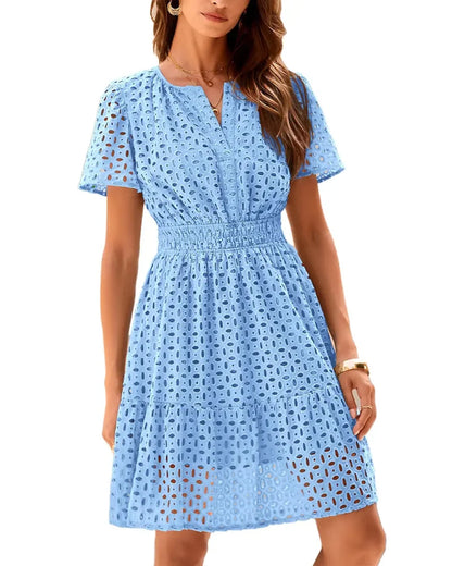 Women's short-sleeve eyelet A-line dress with split neckline, front buttons and gathered waist