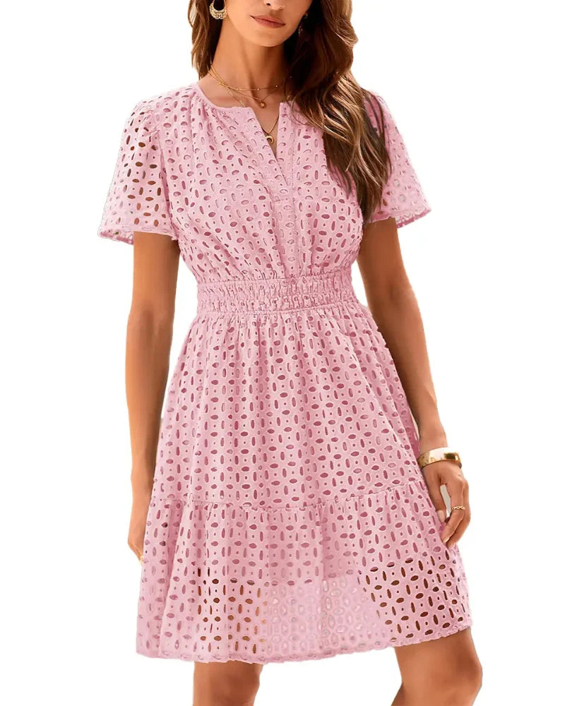 Women's short-sleeve eyelet A-line dress with split neckline, front buttons and gathered waist
