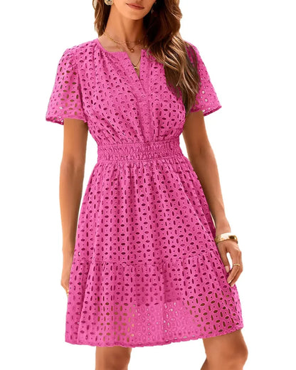 Women's short-sleeve eyelet A-line dress with split neckline, front buttons and gathered waist