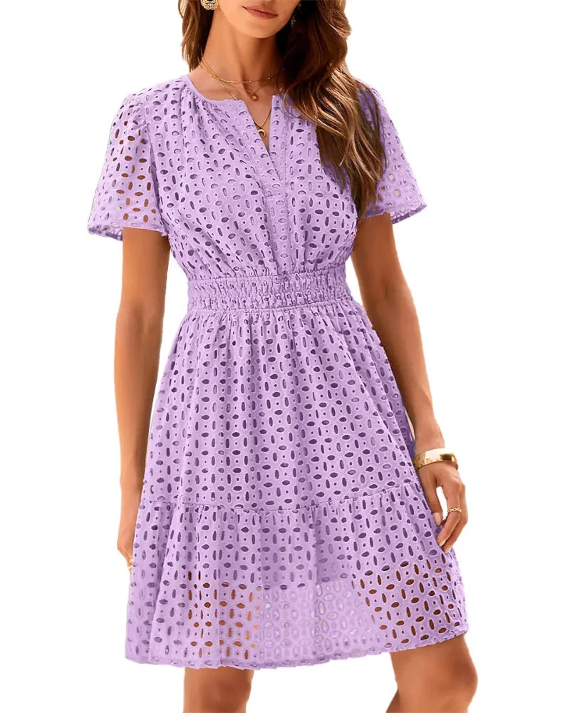 Women's short-sleeve eyelet A-line dress with split neckline, front buttons and gathered waist