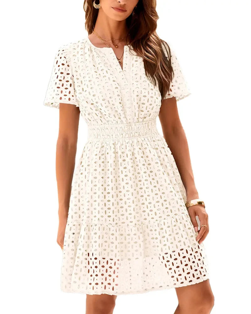 Women's short-sleeve eyelet A-line dress with split neckline, front buttons and gathered waist
