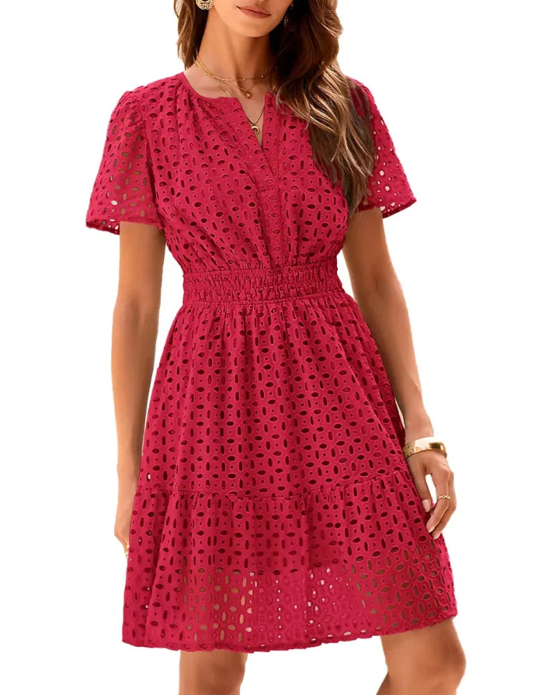 Women's short-sleeve eyelet A-line dress with split neckline, front buttons and gathered waist