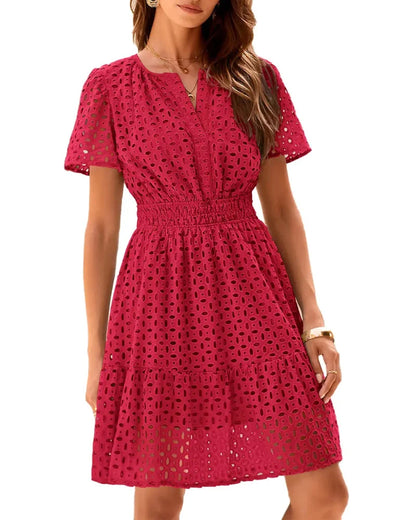 Women's short-sleeve eyelet A-line dress with split neckline, front buttons and gathered waist