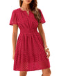 Women's short-sleeve eyelet A-line dress with split neckline, front buttons and gathered waist
