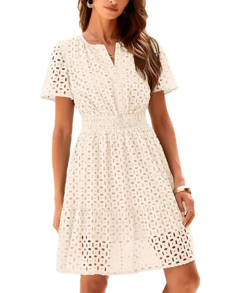 Women's short-sleeve eyelet A-line dress with split neckline, front buttons and gathered waist