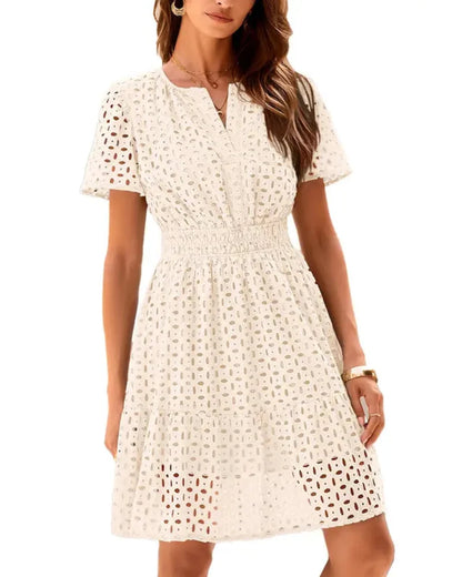 Women's short-sleeve eyelet A-line dress with split neckline, front buttons and gathered waist