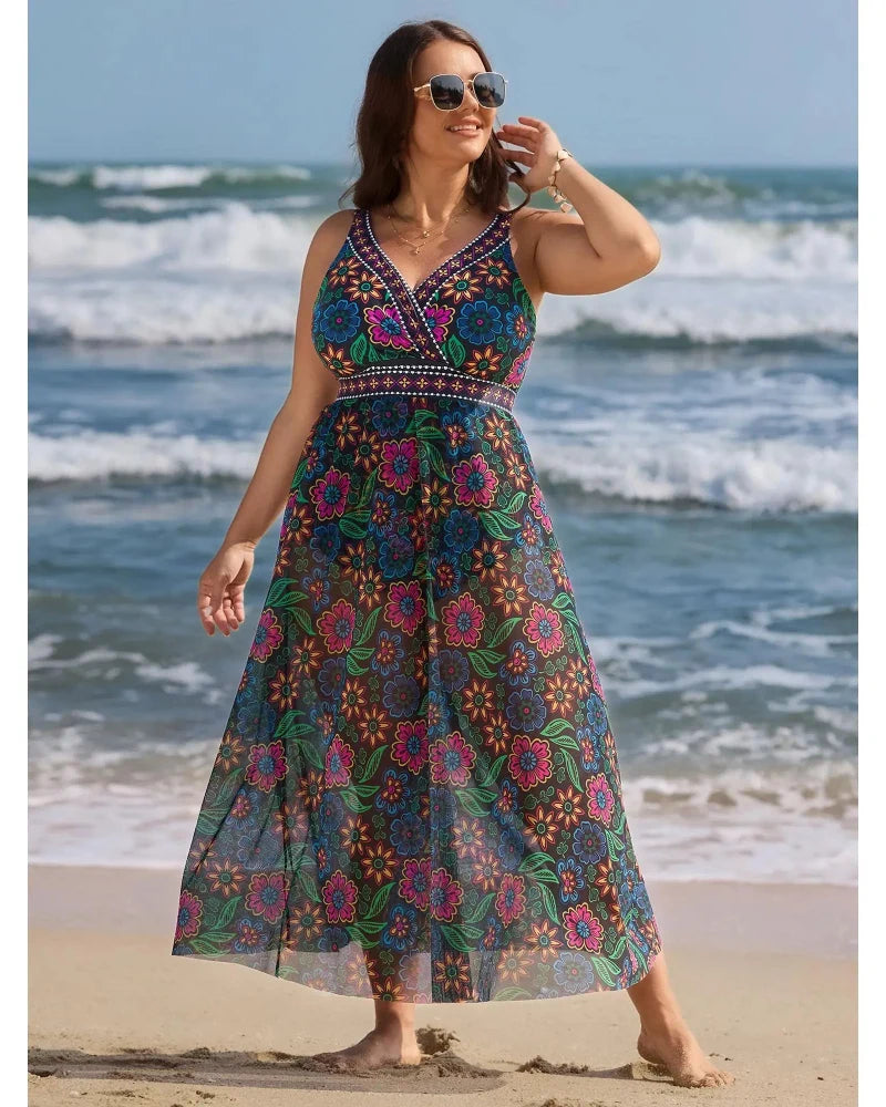 Women's floral V-neck swimsuit with flowing full-length mesh sarong