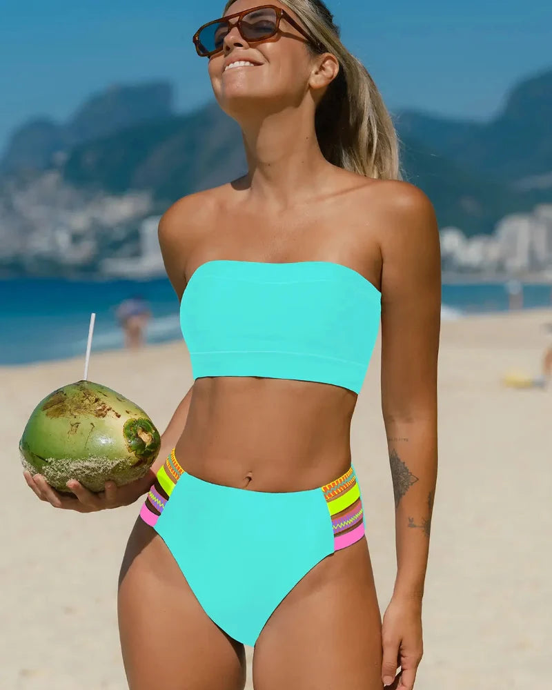 Women's bandeau bikini set with high-waist bottom and striped side trims