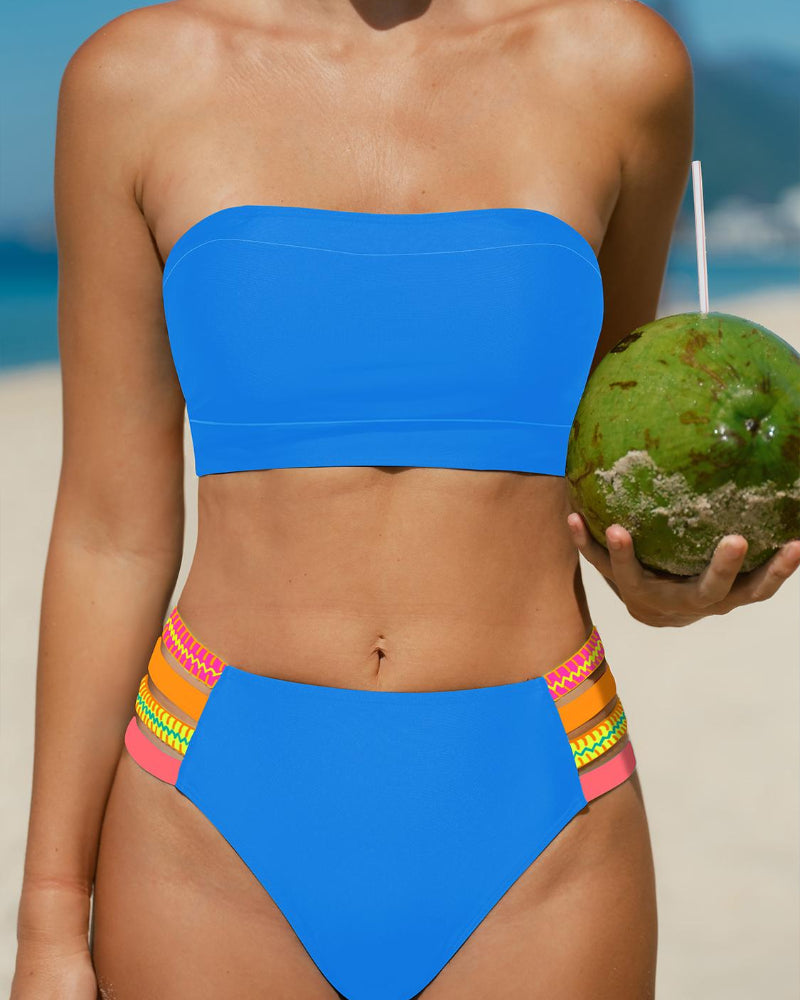 Women's bandeau bikini set with high-waist bottom and striped side trims