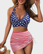 Women's V-neck bikini set with high waisted ruched mesh sarong skirt