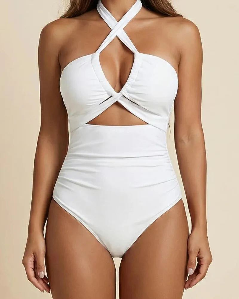 Women's cutout monokini swimsuit with halter straps and ruched waist