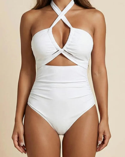 Women's cutout monokini swimsuit with halter straps and ruched waist