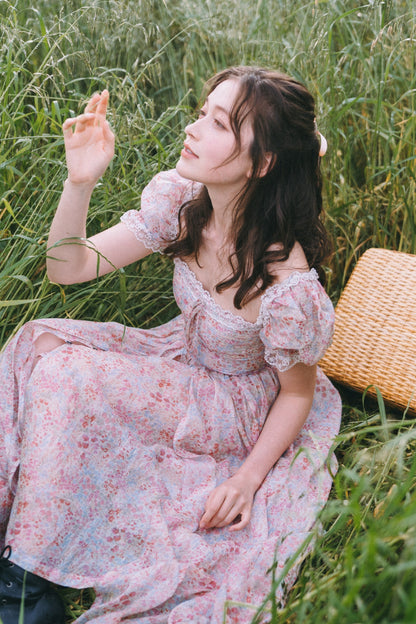 Vestido largo rosa de flores de mujer con escote cuadrado y mangas abullonadas