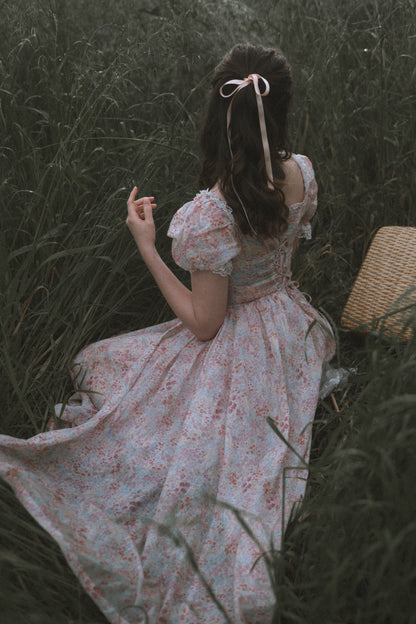 Vestido largo rosa de flores de mujer con escote cuadrado y mangas abullonadas