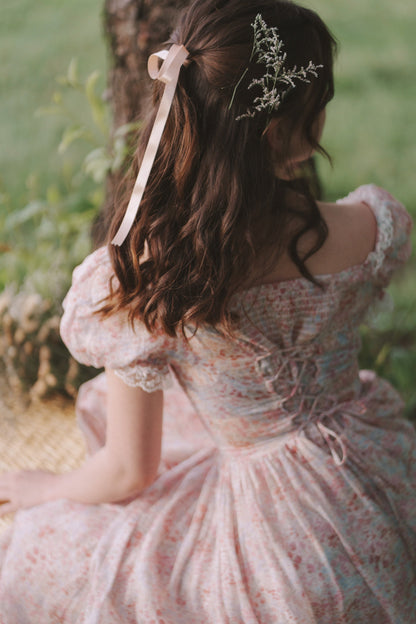 Vestido largo rosa de flores de mujer con escote cuadrado y mangas abullonadas