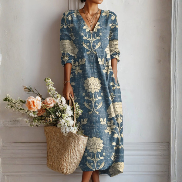 Women's floral midi dress with V-neckline and three-quarter sleeves