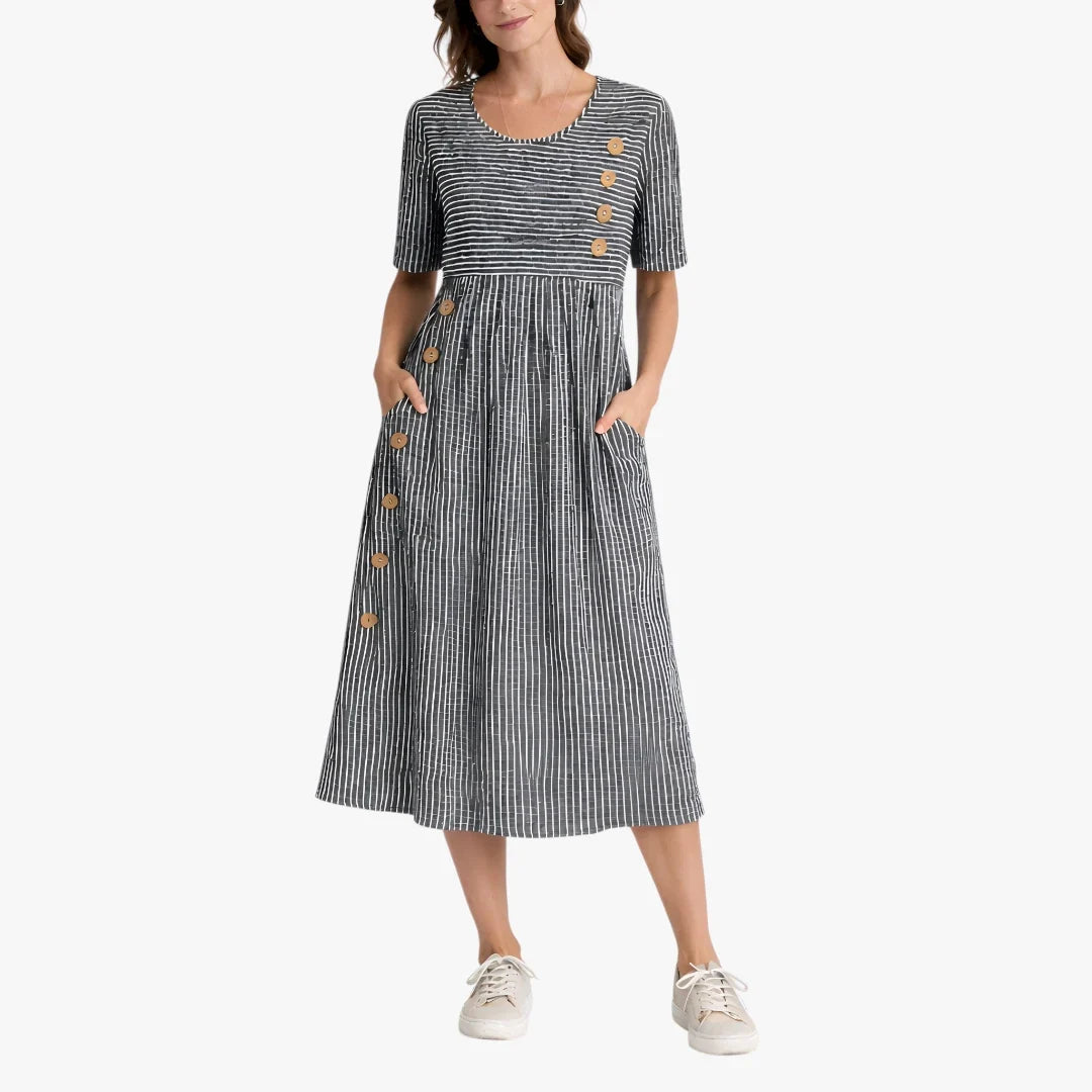 Women's striped midi dress with short sleeves, button details and side pockets