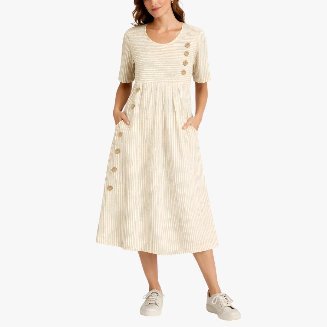 Women's striped midi dress with short sleeves, button details and side pockets