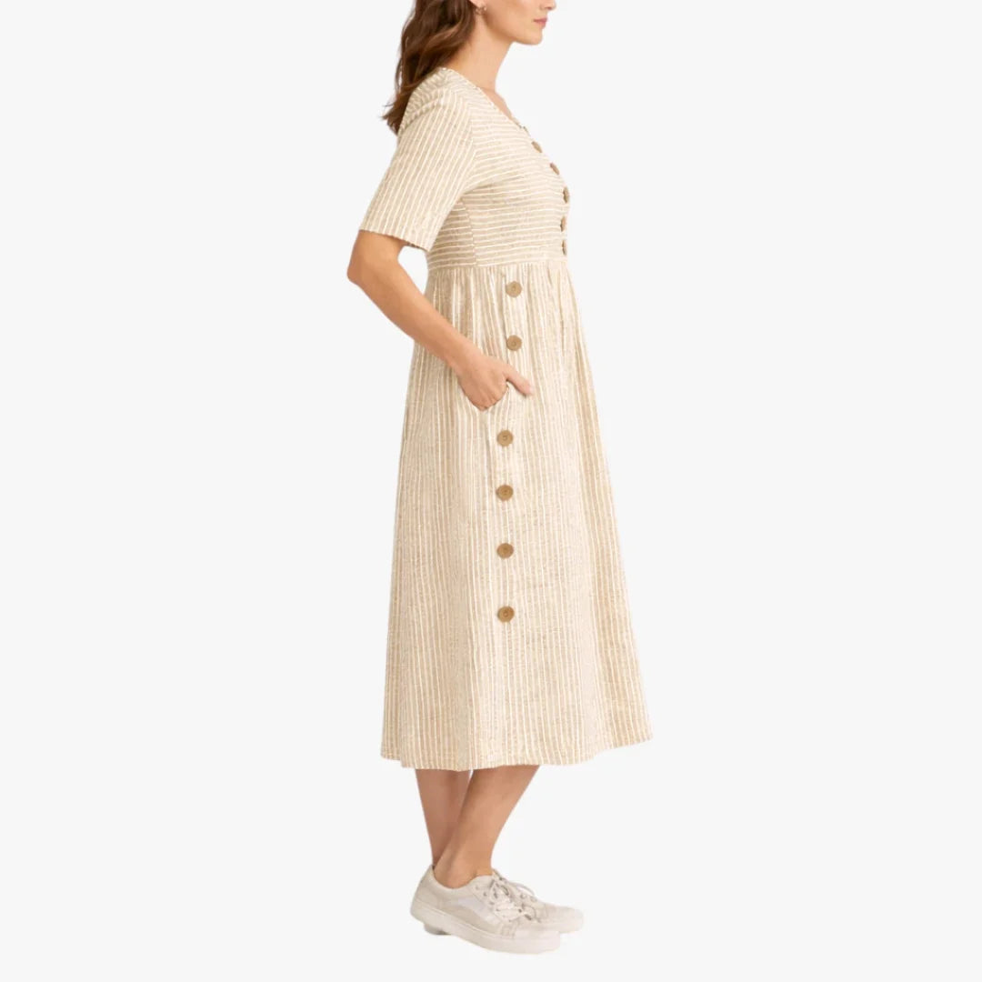 Women's striped midi dress with short sleeves, button details and side pockets