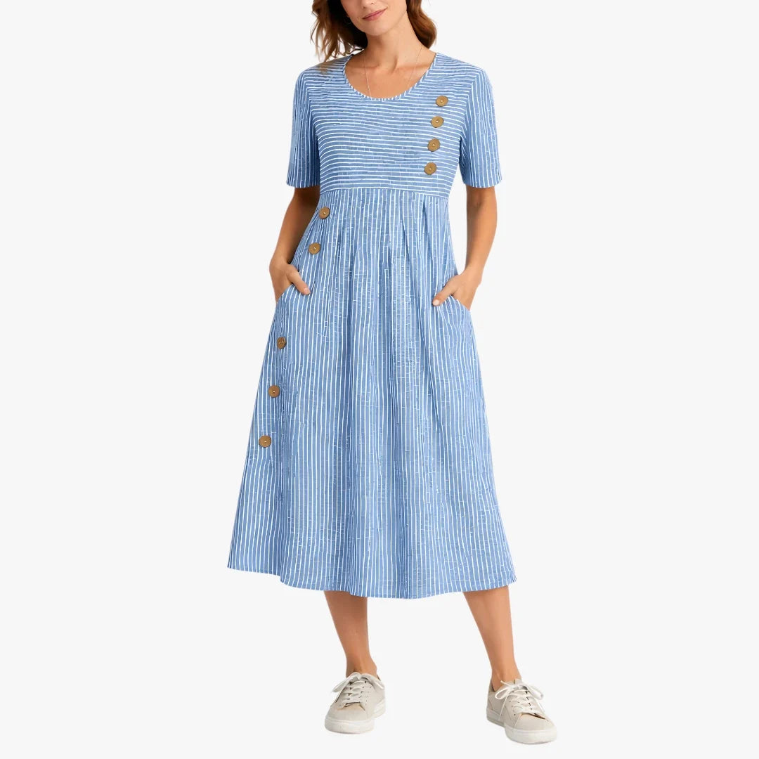 Women's striped midi dress with short sleeves, button details and side pockets